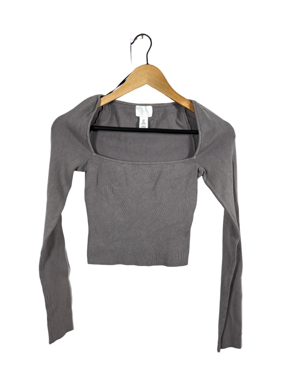 H&M Womens S Gray Square Neck Ribbed Knit Crop Top Long Sleeve